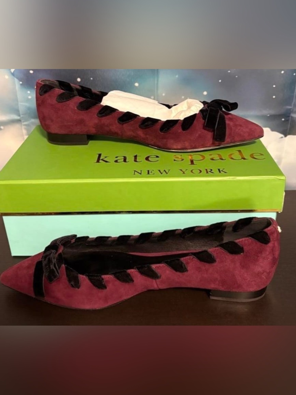 kate spade Wine Burgundy Suede Pointed Ballet Flats with Black Velvet Trim